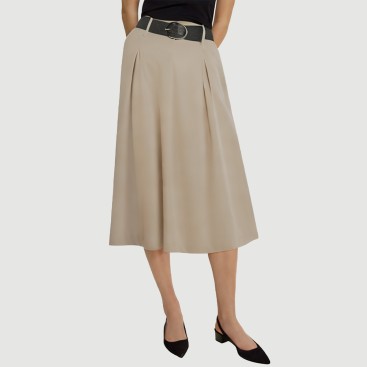 Khaki Belted Pleated Maxi Skirt