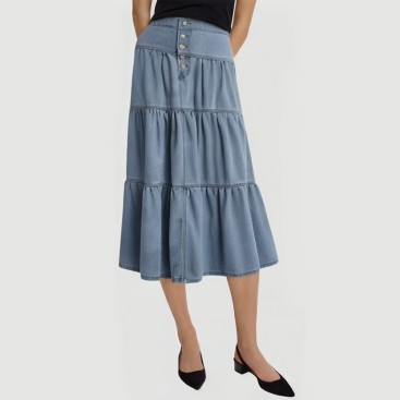 Light Blue Washed Denim Lotus Maxi Skirt