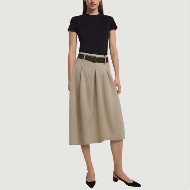 Khaki Belted Pleated Maxi Skirt