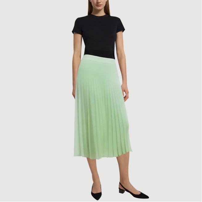 Green zipper pleated A-line maxi skirt