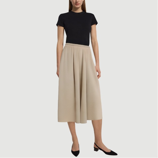 Beige elastic waist calf-length skirt