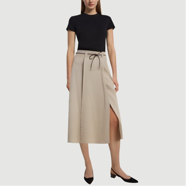 Beige belt-designed front slit maxi skirt