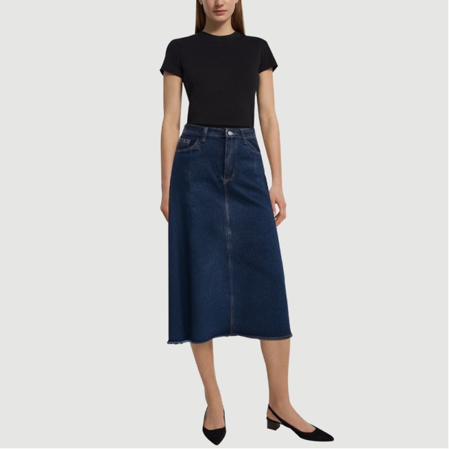 Blue denim women's calf-length skirt