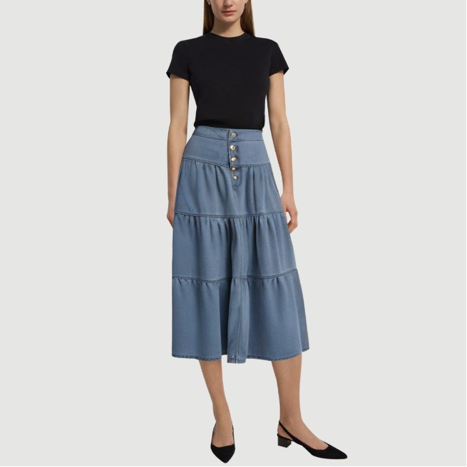 Light Blue Washed Denim Lotus Maxi Skirt