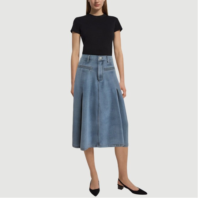 Fishtail pleated denim maxi skirt