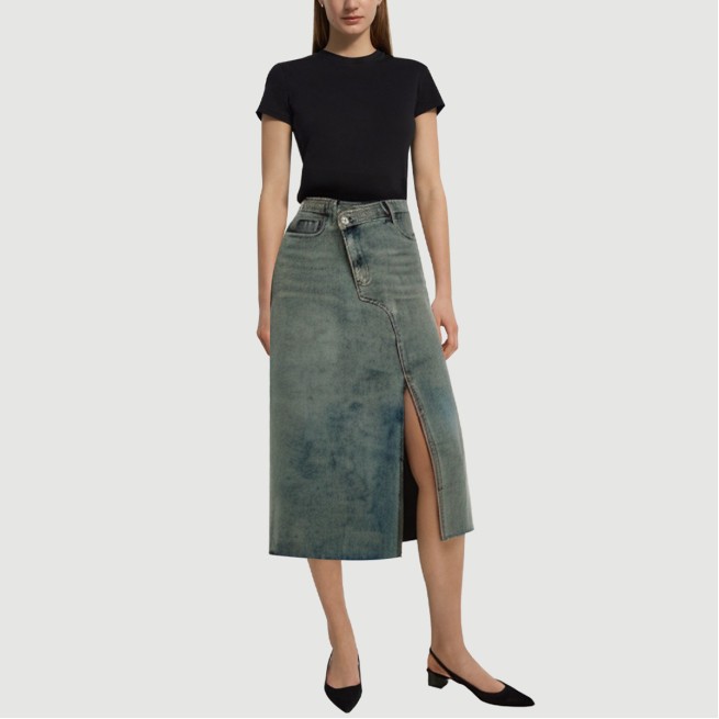 Denim long skirt with irregular side slits