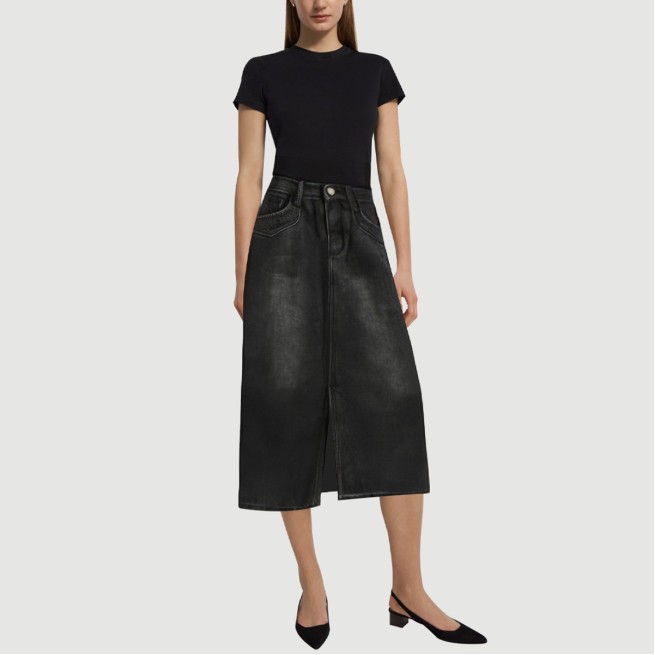 Black denim calf-length skirt with front slits