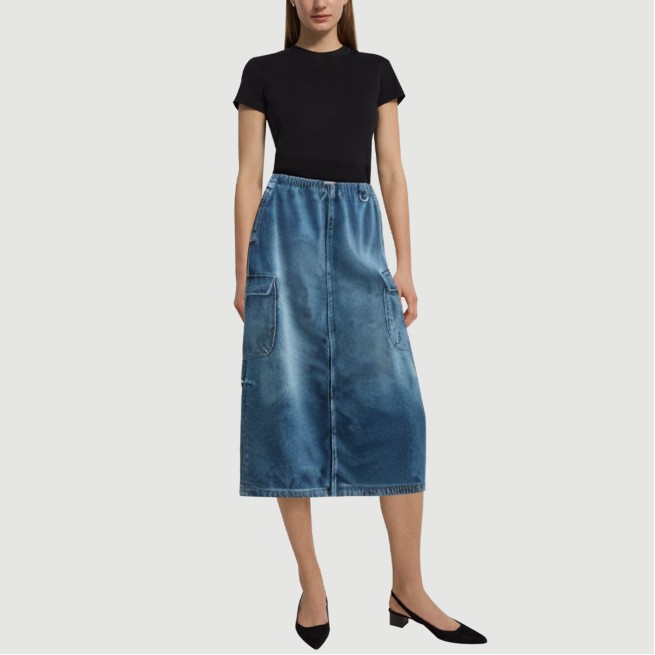 Denim blue calf-length skirt with front pockets