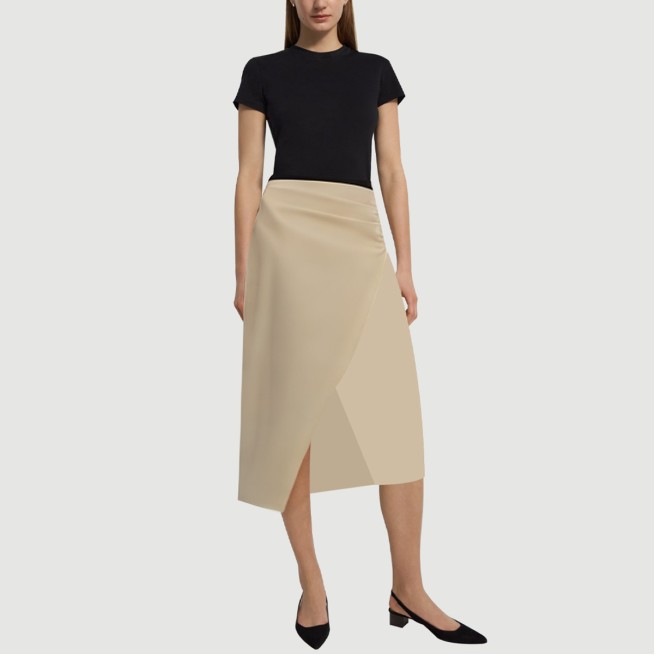 Beige pleated zip-up maxi skirt with front slit