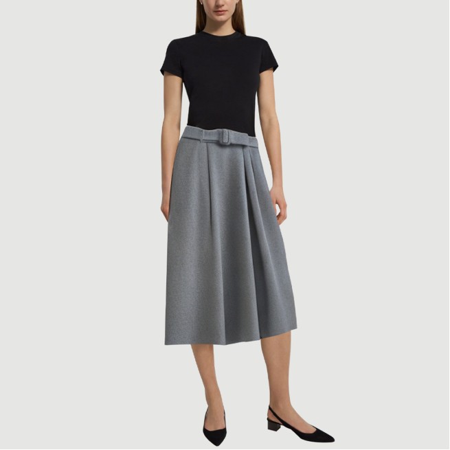 Gray belted pleated A-line maxi skirt