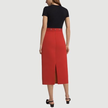 Red rivet-embellished back-slit maxi skirt
