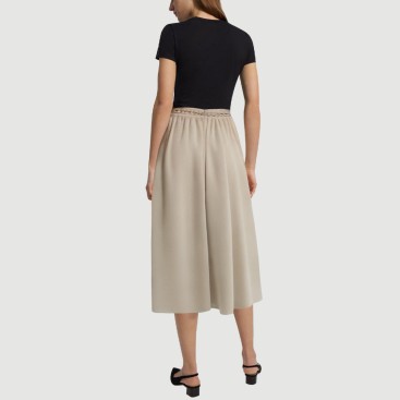 Beige elastic waist calf-length skirt