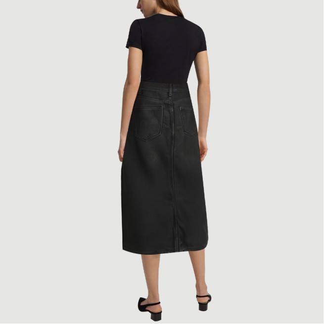 Black denim calf-length skirt with front slits