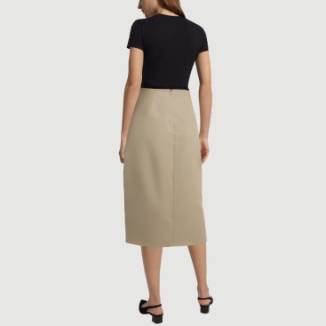 Beige pleated zip-up maxi skirt with front slit