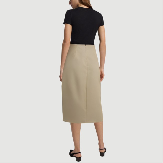 Beige pleated zip-up maxi skirt with front slit