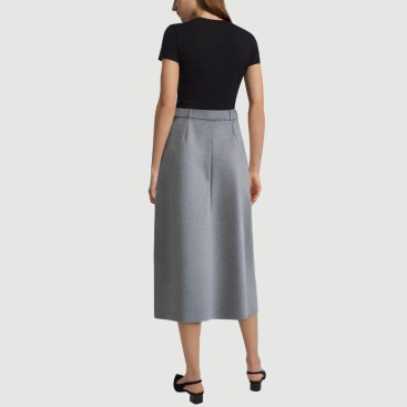 Gray belted pleated A-line maxi skirt