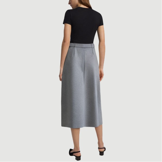 Gray belted pleated A-line maxi skirt