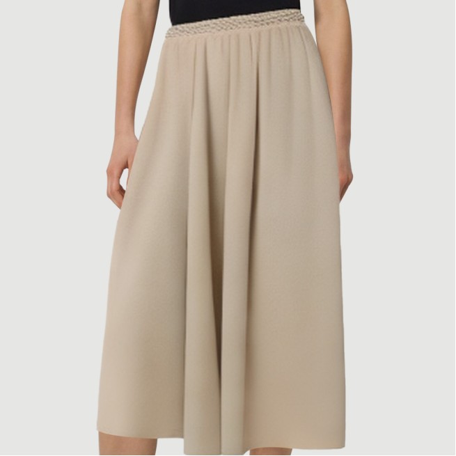 Beige elastic waist calf-length skirt