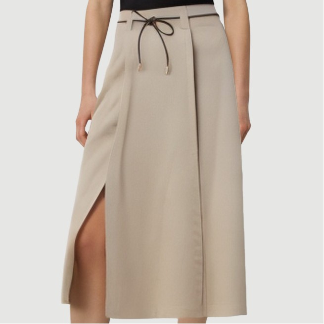 Beige belt-designed front slit maxi skirt