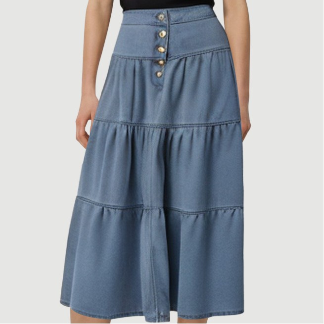 Light Blue Washed Denim Lotus Maxi Skirt