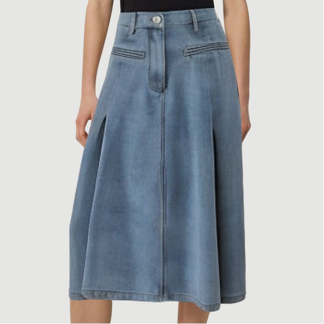 Fishtail pleated denim maxi skirt