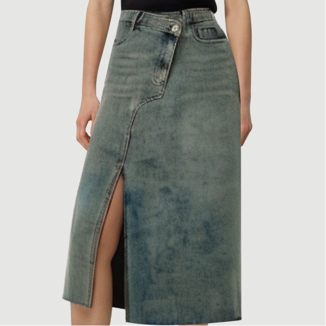Denim long skirt with irregular side slits