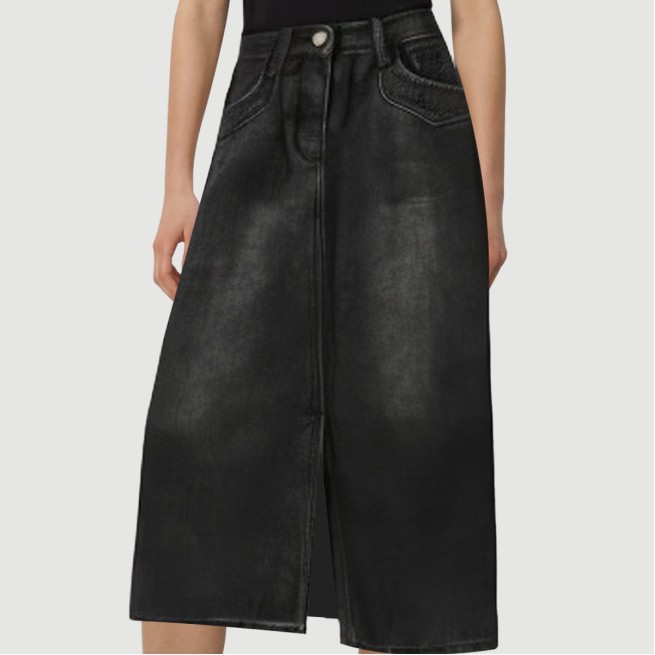 Black denim calf-length skirt with front slits