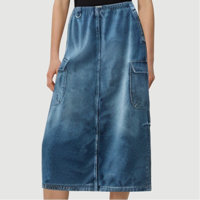 Denim blue calf-length skirt with front pockets