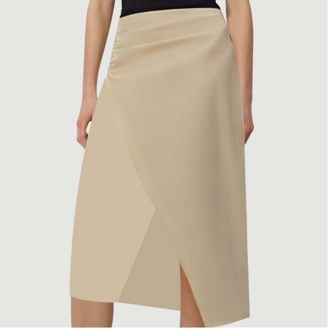 Beige pleated zip-up maxi skirt with front slit