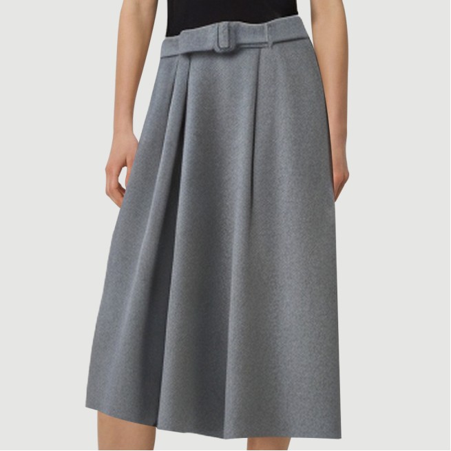 Gray belted pleated A-line maxi skirt