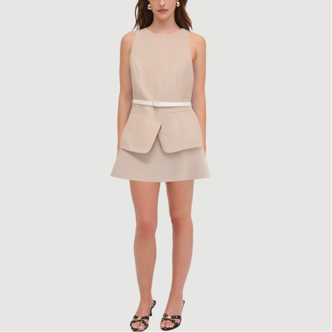 Beige Sailor Round Neck Sleeveless Belted Dress