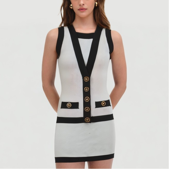 Colorblock button-embellished knit skirt suit