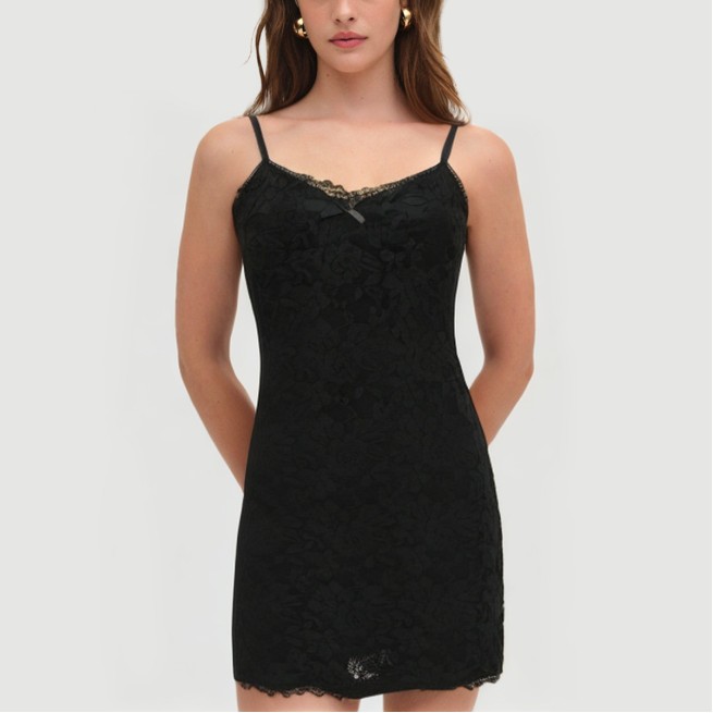Black floral lace slip dress