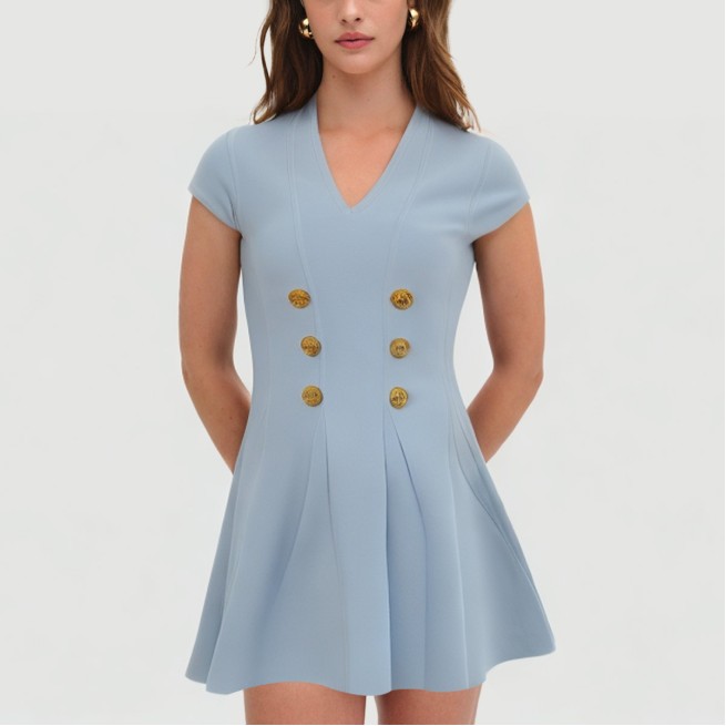 Denim patchwork single-breasted knitted dress