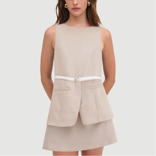 Beige Sailor Round Neck Sleeveless Belted Dress