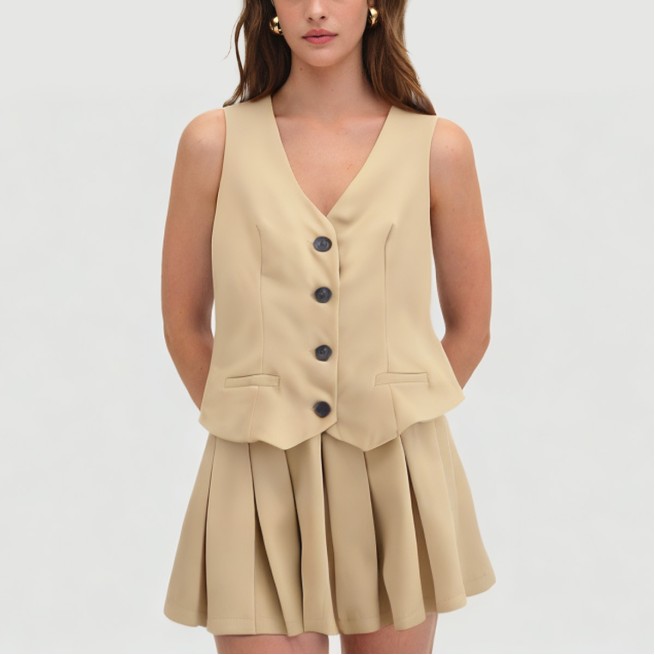 Khaki V-neck button-down skirt