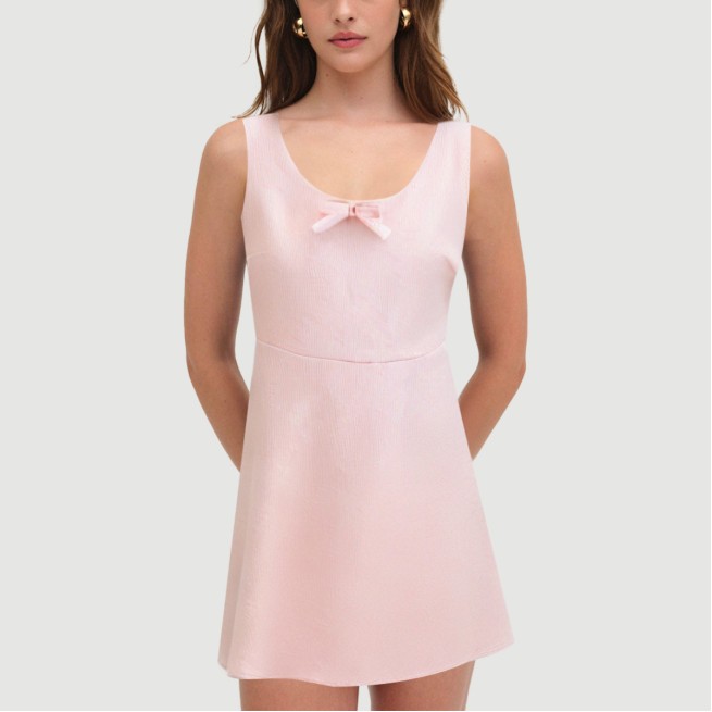 Pink Collarless Strapless Tie Front Dress