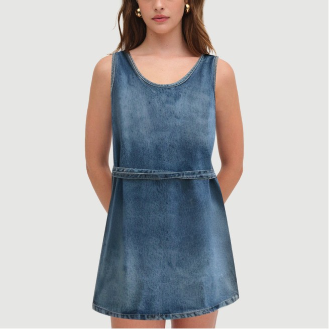 Denim Blue Sleeveless Belted Dress