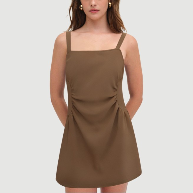 Solid color side pleated spaghetti strap skirt