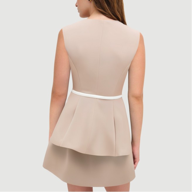 Beige Sailor Round Neck Sleeveless Belted Dress
