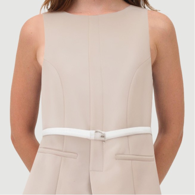 Beige Sailor Round Neck Sleeveless Belted Dress