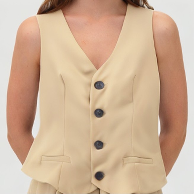 Khaki V-neck button-down skirt