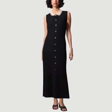 Lace lapel sleeveless knitted maxi dress