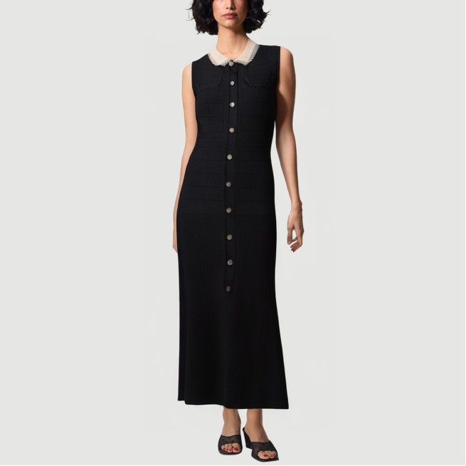 Lace lapel sleeveless knitted maxi dress
