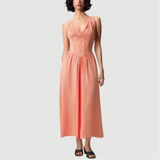 Tie-Front Pleated Cotton Dress