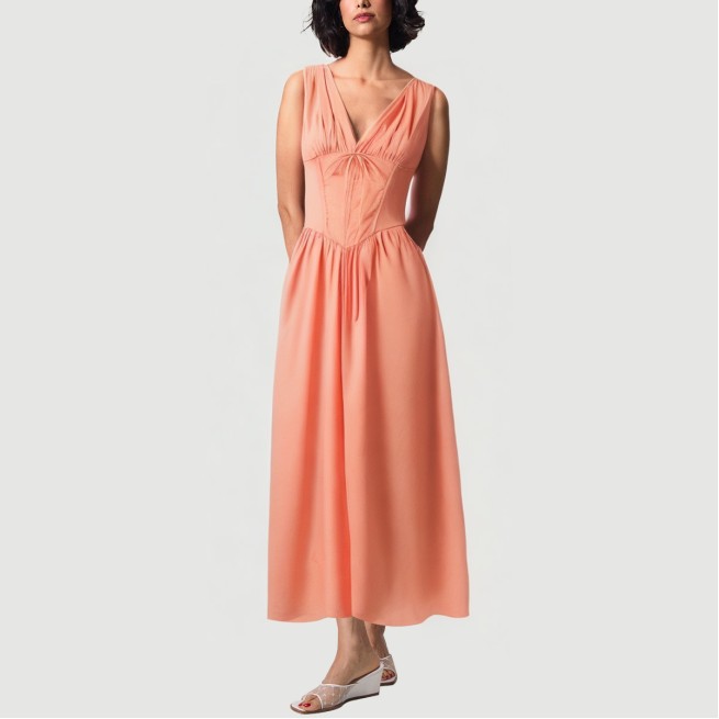 Tie-Front Pleated Cotton Dress