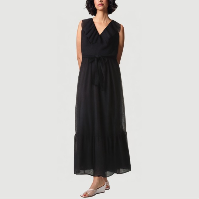V-neck ruffle-front sleeveless maxi dress