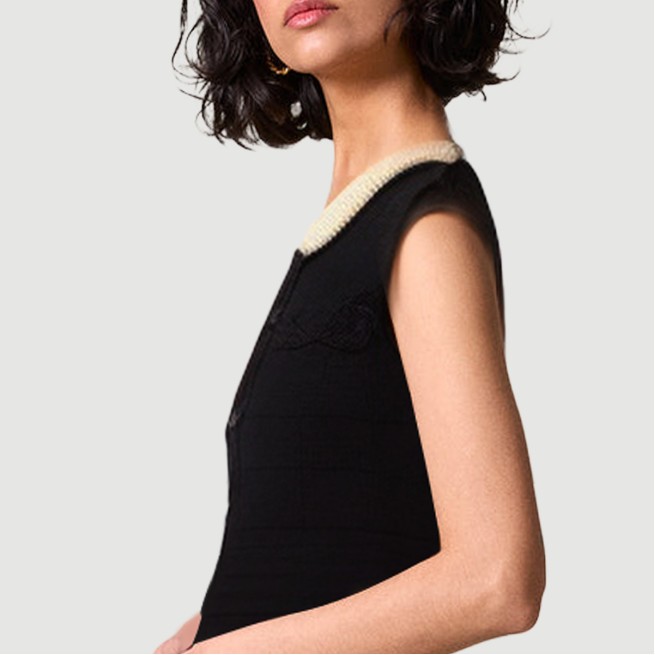 Lace lapel sleeveless knitted maxi dress
